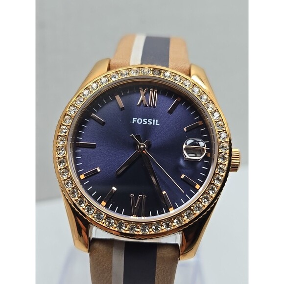 Fossil Scarlette Mini ES4594 Rose Gold Blue Dial Leather Watch New Battery Small - Picture 4 of 12